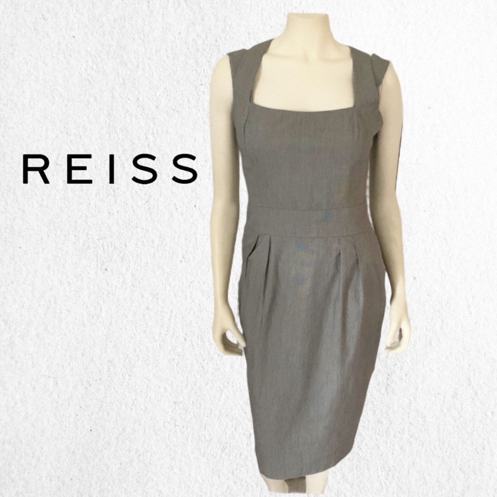 Reiss Gray Tailored Sheath Midi Dress Polished Career Workwear Size 8 - Picture 10 of 11